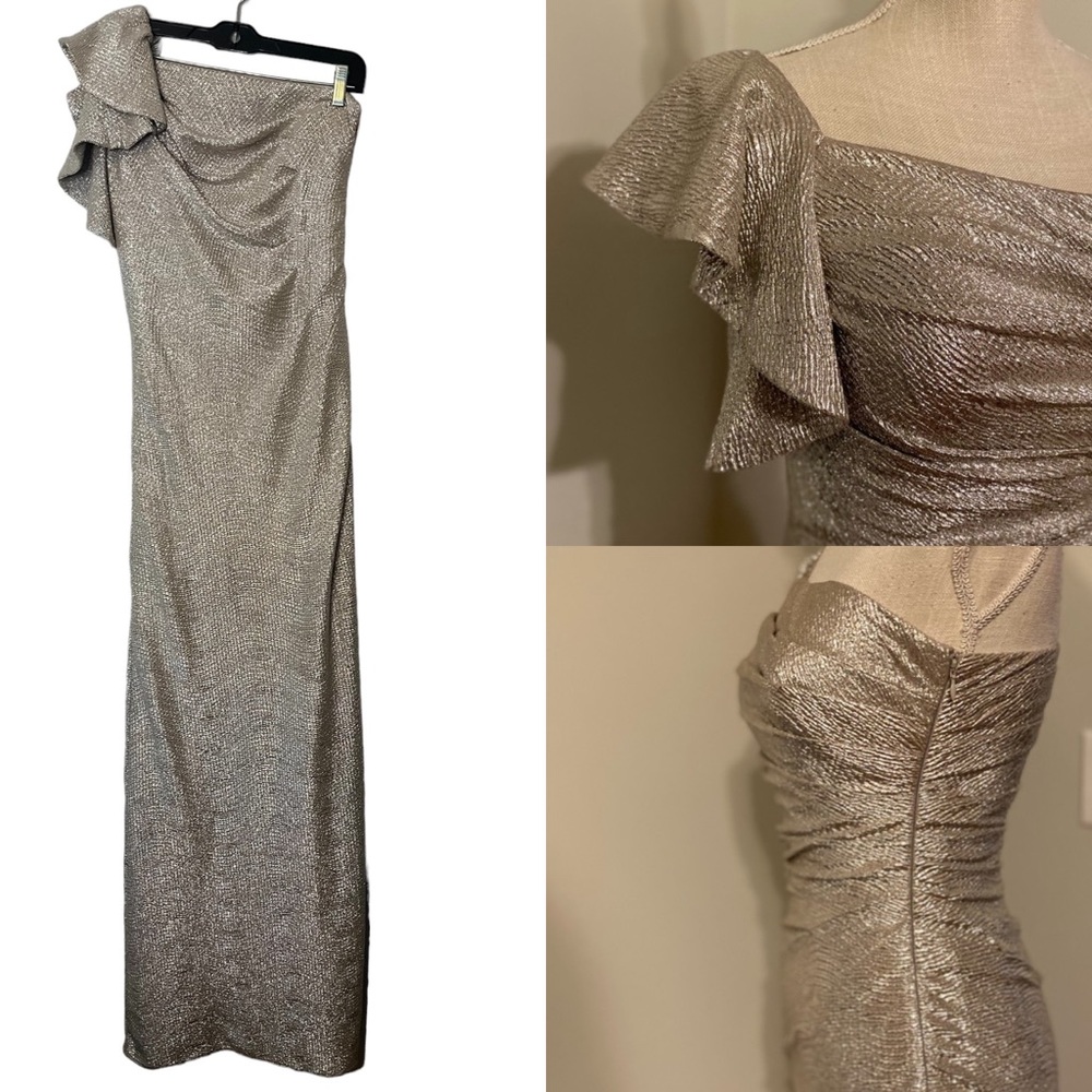 Adrianna Papell Metallic Champagne One-Shoulder Ruffled Maxi Dress